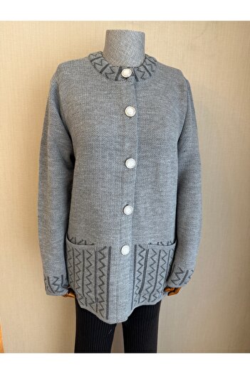TİRİTEK Knitwear Plus Size Crew Neck Cardigan / Gray Smoked