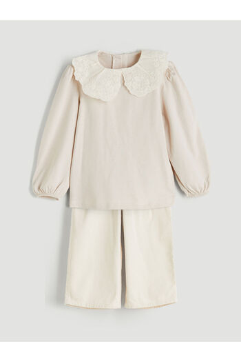 LC Waikiki Beige Baby Collar Baby Girl Blouse and Pants 2-Piece Set