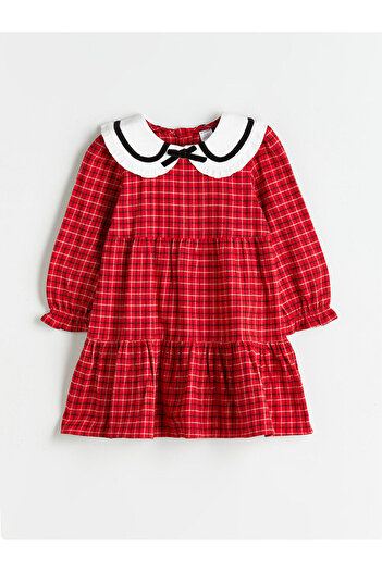 LC Waikiki Red Baby Collar Plaid Patterned Girl's Dress
