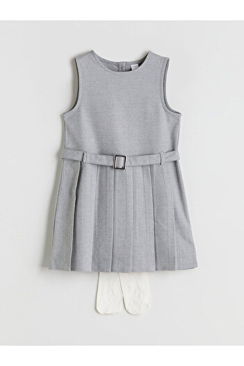 LC Waikiki Lcw Kids Crew Neck Pleated Girls' Dress and Pantyhose