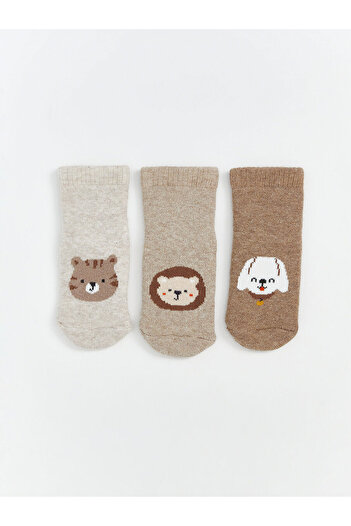 LC Waikiki Ecru Patterned Baby Boy Towel Socks 3-Piece Set
