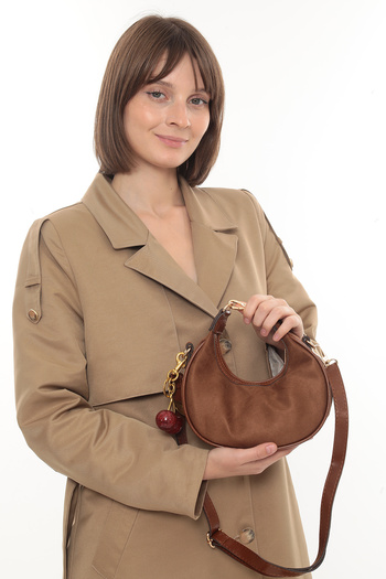 besmoda Women's Tan Suede Cherry Charm Gift Hand and Shoulder Bag