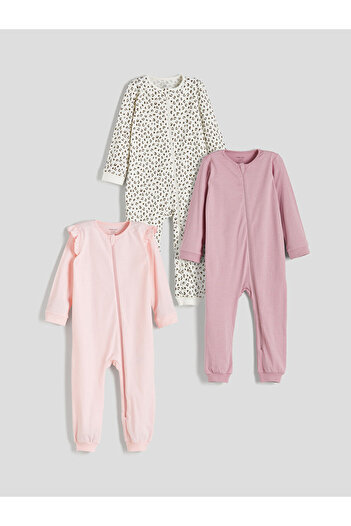 LC Waikiki Pink Crew Neck Long Sleeve Baby Girl Romper Set of 3