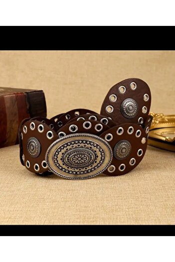 Enanice Suini Leather Belt with Oval Rivet Buckle and Snap Closure