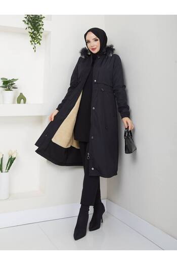 Pamuk Butik Women's Fur Lined Detachable Hooded Coat