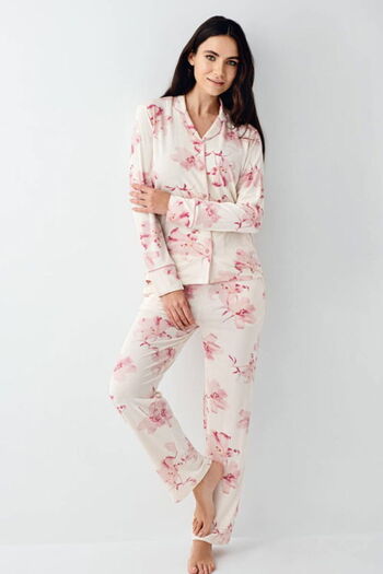 Pierre Cardin Shirt collar, pocketed, women's pajama set, long sleeve, cream, floral pattern, cotton & modal & lycra