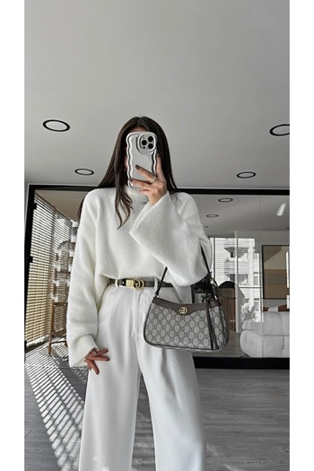 NATUFIAN STORE Women's White Bearded Yumoş Basic Knitwear Sweater