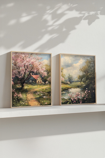 STARYUNA Wooden Framed Oil Painting Effect Double Painting Set with Tree and Lake View Yuna428