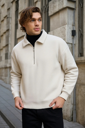 COMBİNE MİCHAİL Men's Zippered Oversize Cream Sweatshirt