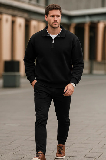 COMBİNE MİCHAİL Men's Zippered Oversize Black Sweatshirt