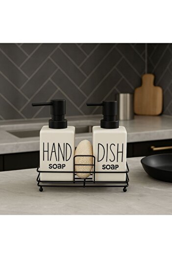 ENYAZA(2024) 2'li Metal Stantlı ve Süngerli Sıvı Sabunluk Kare Mutfak ve Banyo Seti, Hand and Dish Fenomen Set