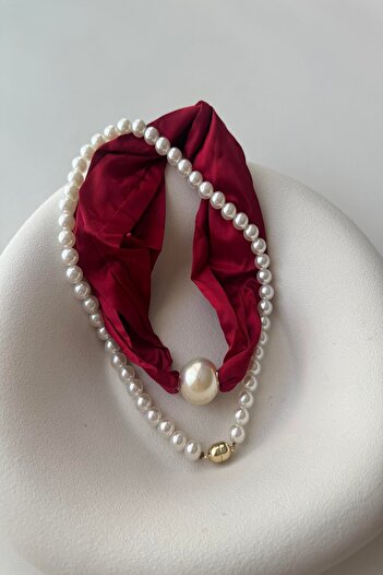 mos&more Red Striped Pearl Magnetic Necklace Scarf