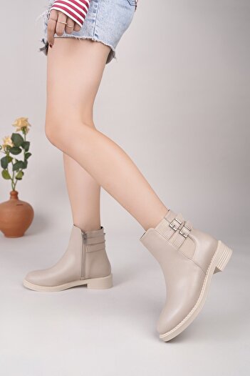 Tolgado Women's Daily Use Double Buckle Zippered Beige Boots