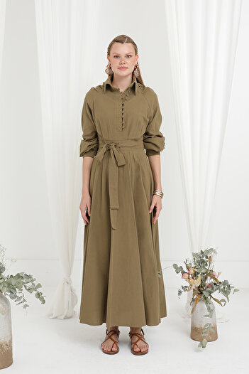 Modamorfo Women's Belted Button Detailed Judge Collar Dress - 20688Elb