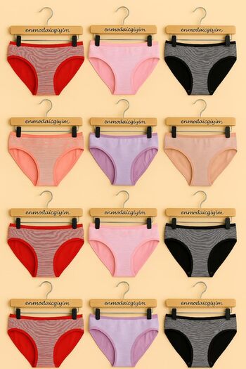 enmodaiçgiyim 12-Piece Pack Mixed Color Striped Cotton Stretchy Everyday Women's Panties Set – Breathable, Colorful, M/L Compatible