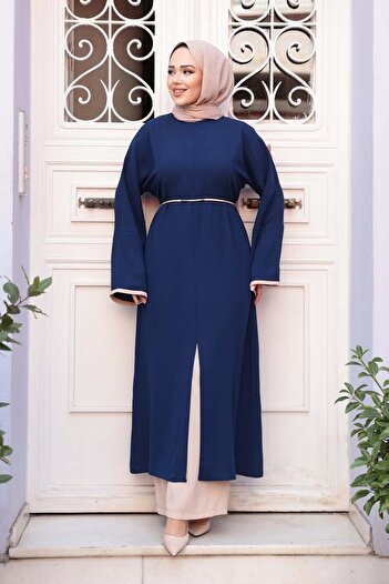 N.S NEVA STYLE Slit Detailed Navy Blue Hijab Double Suit 76112L