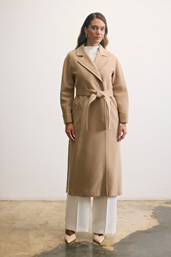 KENT Belted Double Breasted Long Light Beige Coat