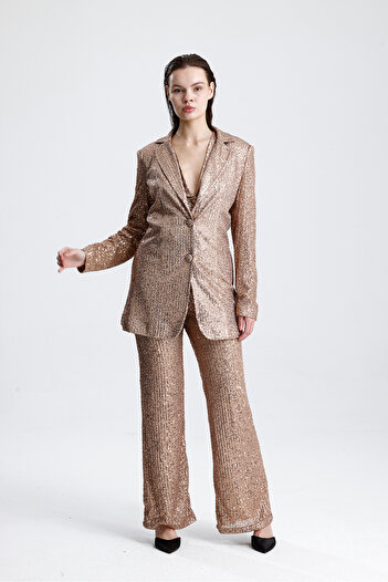 Sense Women's Sequined Vest Evening Dress Set - Stylish Blazer Jacket, Vest and Pants Milk Coffee