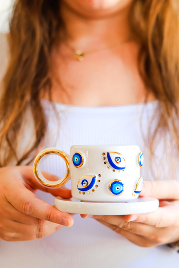 Özce Art Ceramic Atelier Turkish Coffee Cup and Saucer with Evil Eye Pattern and 24K Gold Detail