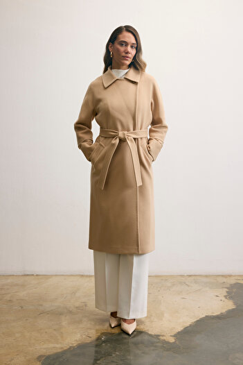 KENT Belted Long Cashmere Light Beige Coat