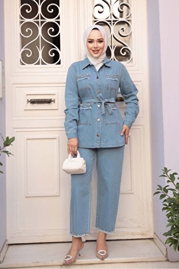 N.S NEVA STYLE Blue Hijab Jeans Double Set 44762m