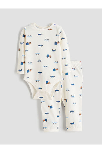 LC Waikiki Ecru Crew Neck Baby Boy Snap-On Bodysuit and Pants