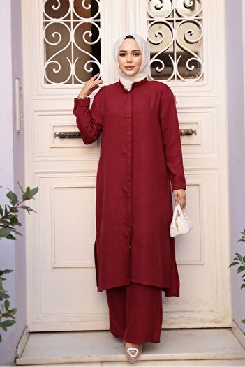 N.S NEVA STYLE Buttoned Burgundy Hijab Three Piece Set 76591Br