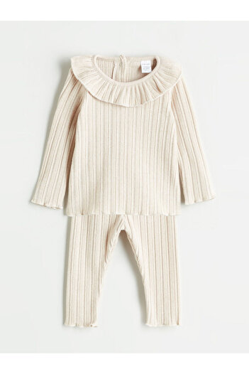 LC Waikiki Beige Crew Neck Baby Girl Blouse and Leggings 2 Pcs