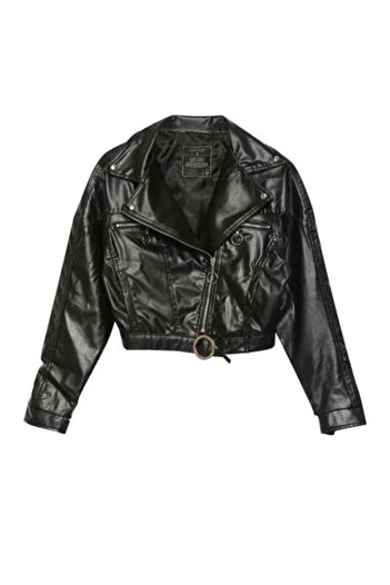 Quzu Black Women's Leather Jacket with Front Zipper 54023
