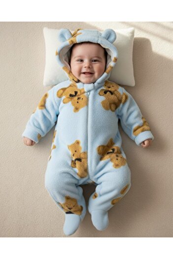 voyyo kids baby 6-9 Months Old Teddy Bears Printed Zippered Winter Welsoft Plush Hooded Jumpsuit, Closed Feet