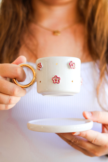 Özce Art Ceramic Atelier Flora Pink Floral Patterned Turkish Coffee Cup and Saucer with 24K Gold Detail