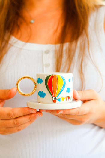 Özce Art Ceramic Atelier Cappadocia Series 24K Gold Detailed 170 ml Turkish Coffee Cup and Saucer