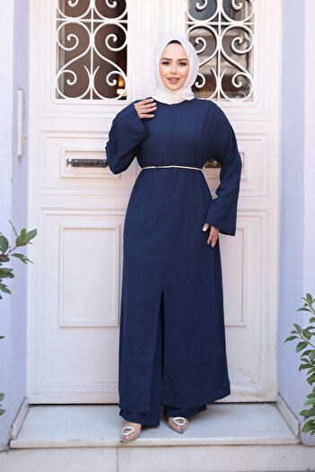 N.S NEVA STYLE Slit Detailed Navy Blue Hijab Double Suit 7669L