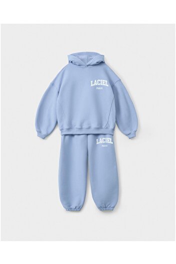 Magu Unisex Children's Cotton Blue Laciel Printed Hooded Sweatshirt and Sweatpants Set