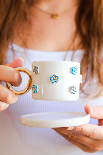 Özce Art Ceramic Atelier Flora Blue Floral Patterned Turkish Coffee Cup and Saucer with 24K Gold Detail
