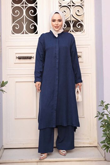 N.S NEVA STYLE Buttoned Navy Blue Hijab Triple Set 76591L