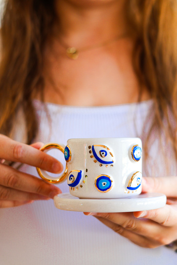 Özce Art Ceramic Atelier Turkish Coffee Cup and Saucer with Evil Eye Pattern and 24K Gold Detail