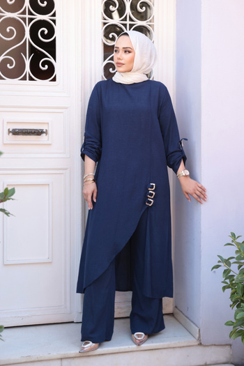 N.S NEVA STYLE Asymmetrical Detailed Navy Blue Hijab Double Suit 7656L