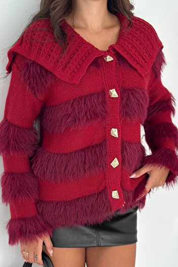 Ded COLLECTION Women's Shaped Gold Button Detailed Furry Fringed Collar Thick Knitted Sweater Cardigan