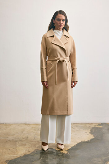 KENT Belted Long Cashmere Light Beige Coat