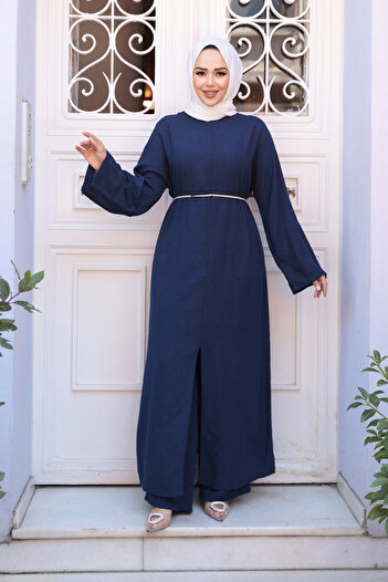 N.S NEVA STYLE Slit Detailed Navy Blue Hijab Double Suit 7669L