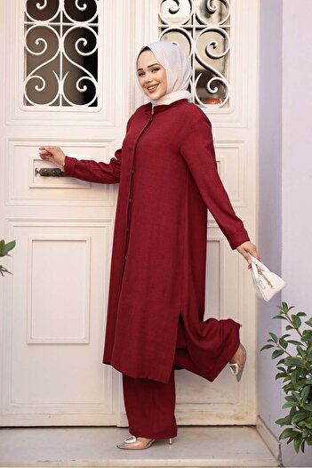 N.S NEVA STYLE Buttoned Burgundy Hijab Three Piece Set 76591Br
