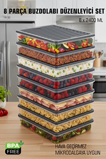FİTHOME 8-Piece Deep Freezer and Refrigerator Interior Organizer Air-Tight Set 2400 ml