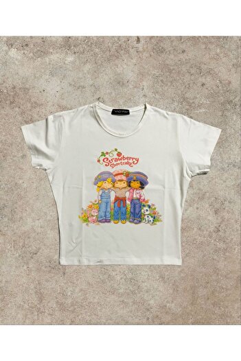 MAYDAY CULTURE Strawberry Girl White Sitting on Mold Lycra Stretchy Y2K Pinterest Baby Tee Crop Top