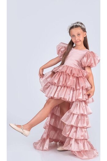 Tarz Çocuk Layered Ruffled Detachable Tail Princess Model Girl's Evening Dress