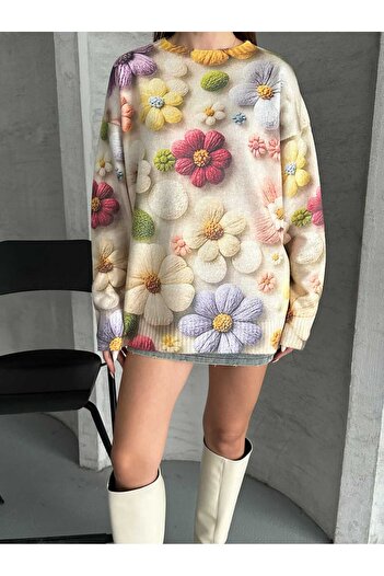 BLUSS Women's Oversize Floral Patterned Sweatshirt – Colorful Spring Motif Long Sleeve