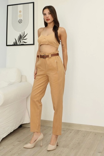 lodmela Belt Detailed Pleated Gabardine Fabric Trousers 6158-Camel