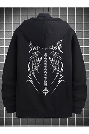 Mythologie Жилетка Wing Cardigan - черна зимна жилетка с цип и качулка с принт