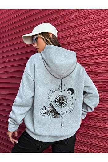 Mythologie Nort Shore Compass Gray Sweatshirt - Printed Oversize Ribbon Hoodie