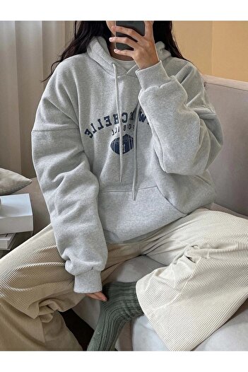 Mythologie New Rochelle Sweatshirt - Gray Printed Oversize Ribbon Hoodie